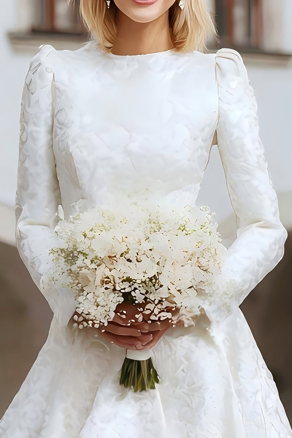 Ivory A Line Round Neck High-Low Wedding Dress with Sleeves