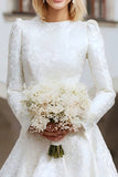 Ivory A Line Round Neck High-Low Wedding Dress with Sleeves