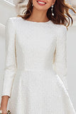 Ivory Round Neck A Line Midi Rehearsal Dinner Dress with Sleeves