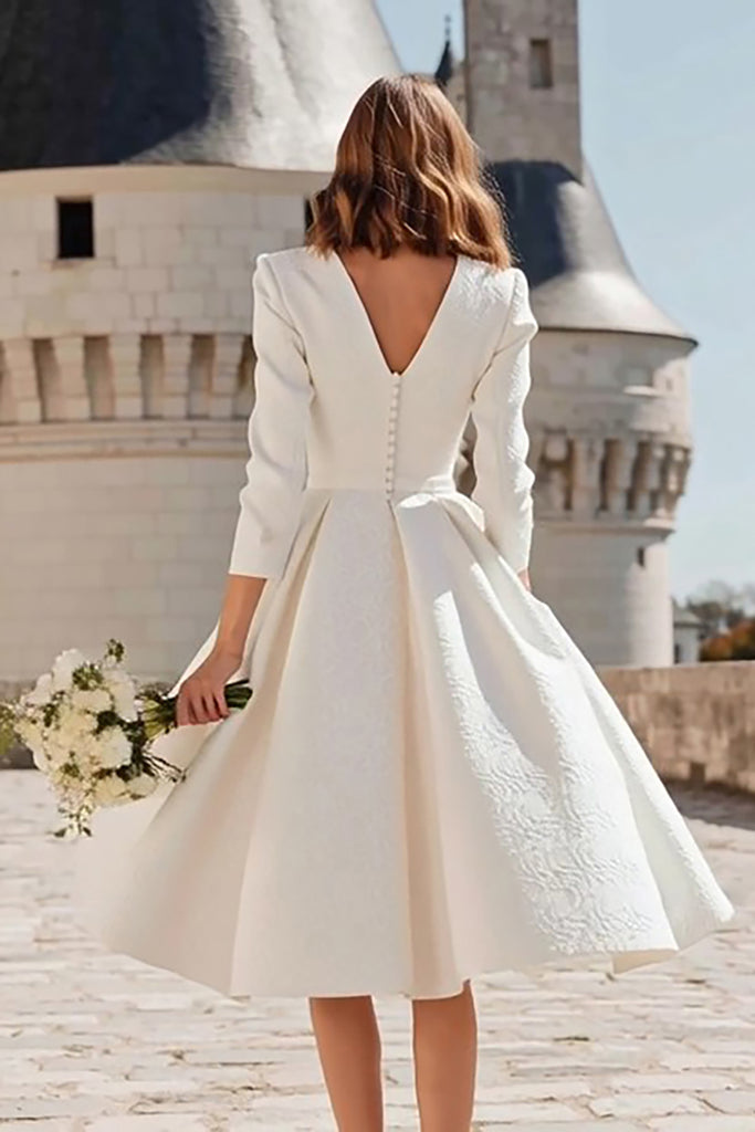 Zapakasa Women Ivory Midi Bridal Dress with Pockets V-Neck A Line Long
