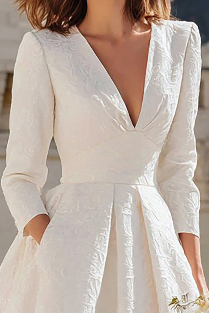 Zapakasa Women Ivory Midi Bridal Dress with Pockets V-Neck A Line Long