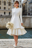 Ivory A Line Long Sleeves Midi Bridal Dress with Ruffles