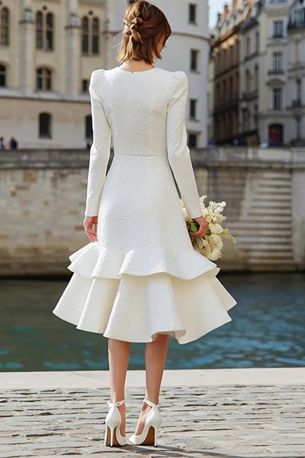 Zapakasa Women Ivory Tiered Midi Bridal Dress with Ruffles A Line Long Sleeves Engagement Dress Zapakasa Women Ivory Tiered Midi Bridal Dress with Ruffles A Line Long Sleeves Engagement Dress