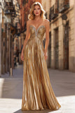 Sparkly Gold Beaded Pleated Strapless Long Prom Dress