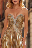 Sparkly Gold Beaded Pleated Strapless Long Prom Dress