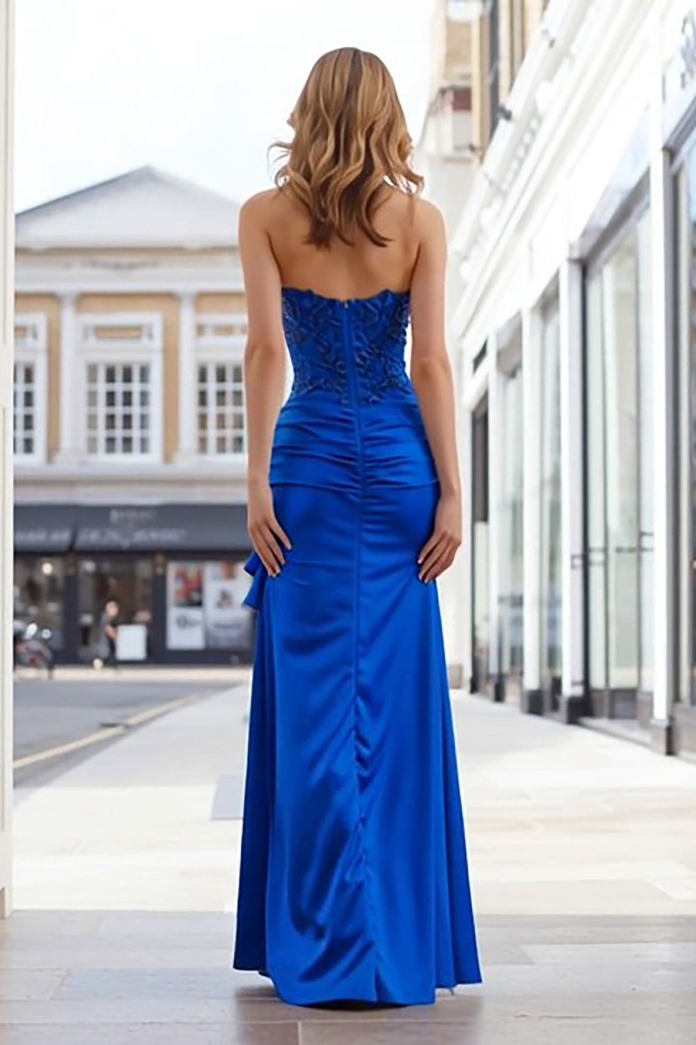Royal Blue Appliqued Strapless Long Prom Dress with Slit