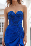 Royal Blue Appliqued Strapless Long Prom Dress with Slit