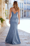 Sparkly Dusty Blue Sequin Mermaid Long Prom Dress with Slit
