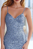 Sparkly Dusty Blue Sequin Mermaid Long Prom Dress with Slit
