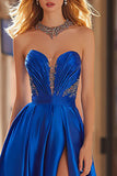 Sparkly Royal Blue Beaded Strapless Long Prom Dress with Slit