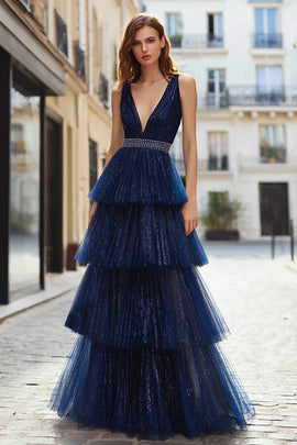 Sparkly Navy Tulle Beaded Ruffled Long Prom Dress