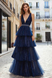 Sparkly Navy Tulle Beaded Ruffled Long Prom Dress