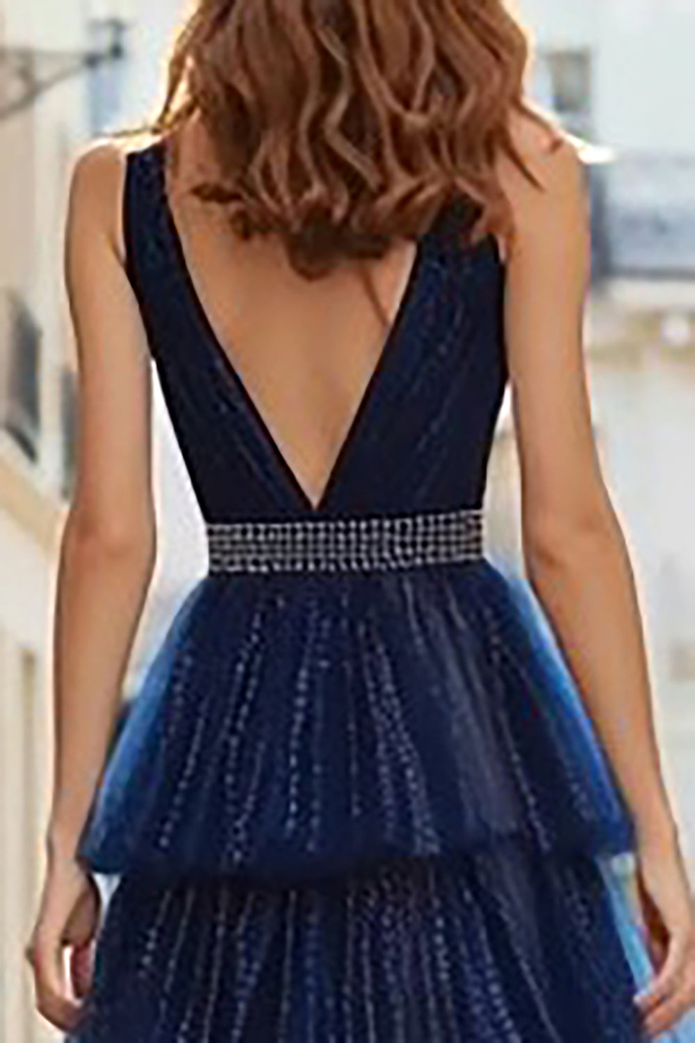 Sparkly Navy Tulle Beaded Ruffled Long Prom Dress