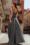 Black and White Polka Dots Satin Long Prom Dress