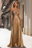 Sparkly Gold Metallic Pleated Strapless Long Prom Dress