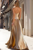 Sparkly Gold Metallic Pleated Strapless Long Prom Dress