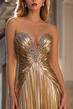Sparkly Gold Metallic Pleated Strapless Long Prom Dress