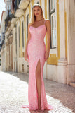 Sparkly Pink Sequin Mermaid Long Prom Dress with Slit