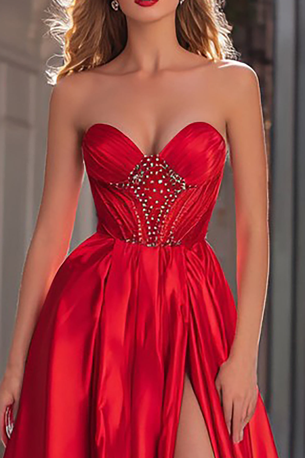Sparkly Red Satin Beaded Strapless Long Prom Dress with Slit