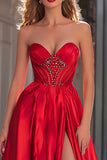 Sparkly Red Satin Beaded Strapless Long Prom Dress with Slit