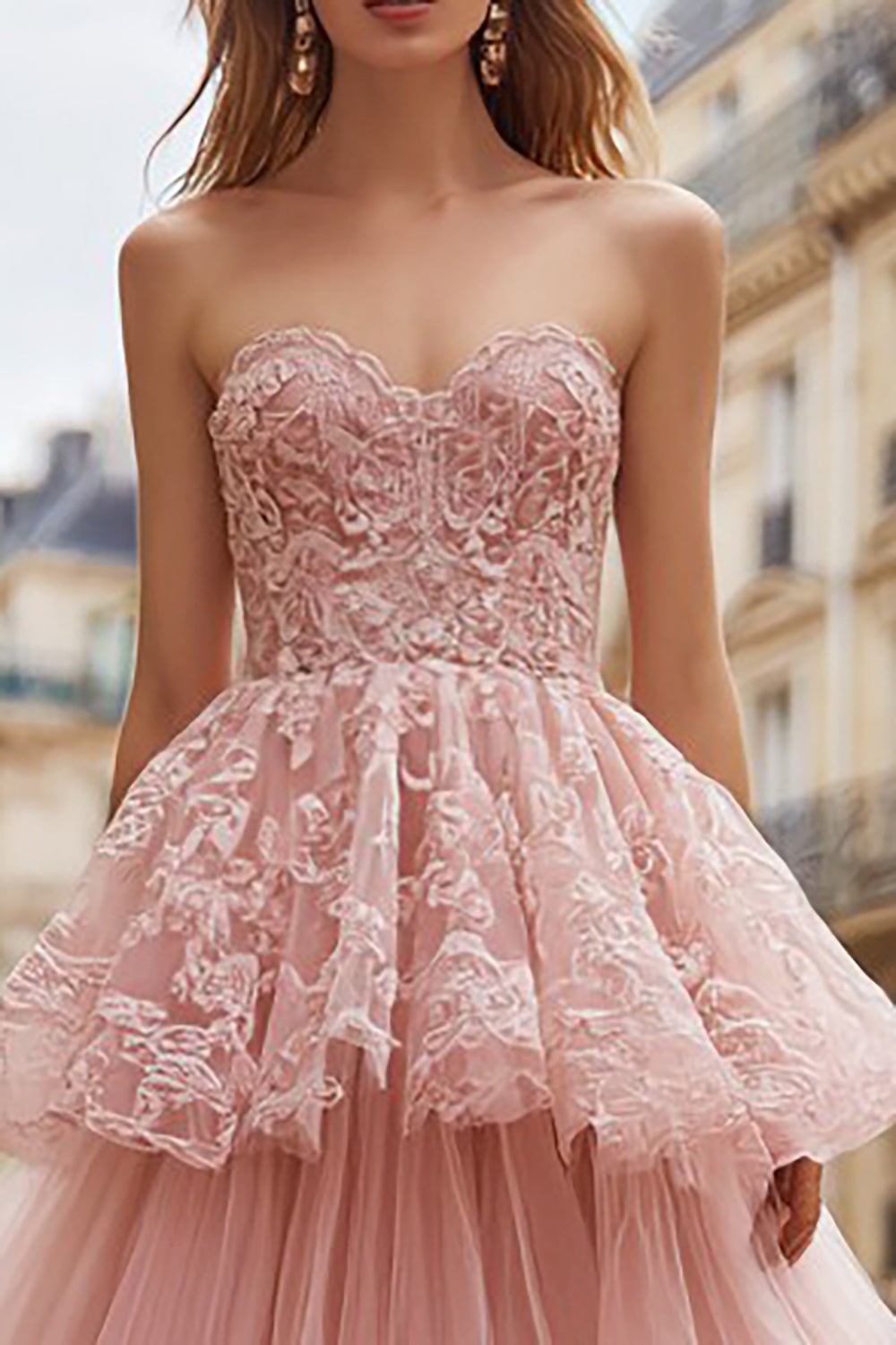 Pink Tulle Ruffled Strapless Long Prom Dress with Lace