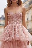 Pink Tulle Ruffled Strapless Long Prom Dress with Lace