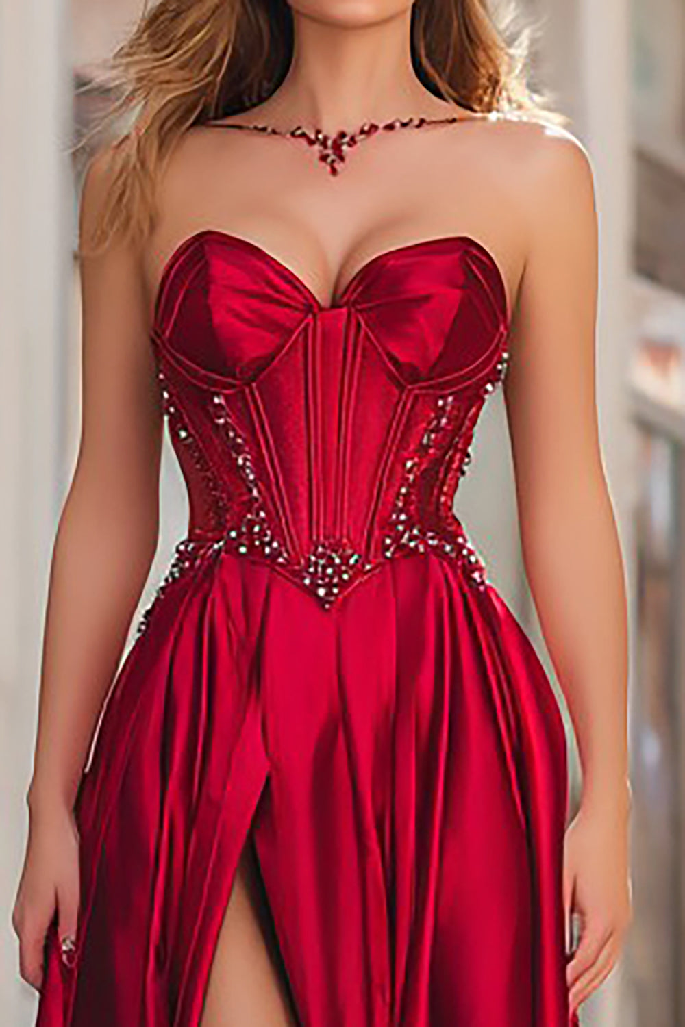 Sparkly Red Beaded Strapless Corset Long Prom Dress with Slit