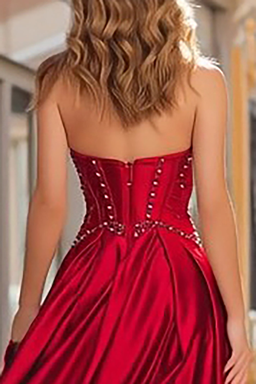 Sparkly Red Beaded Strapless Corset Long Prom Dress with Slit