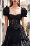 Black Tulle Ruffled A Line Long Prom Dress with Lace