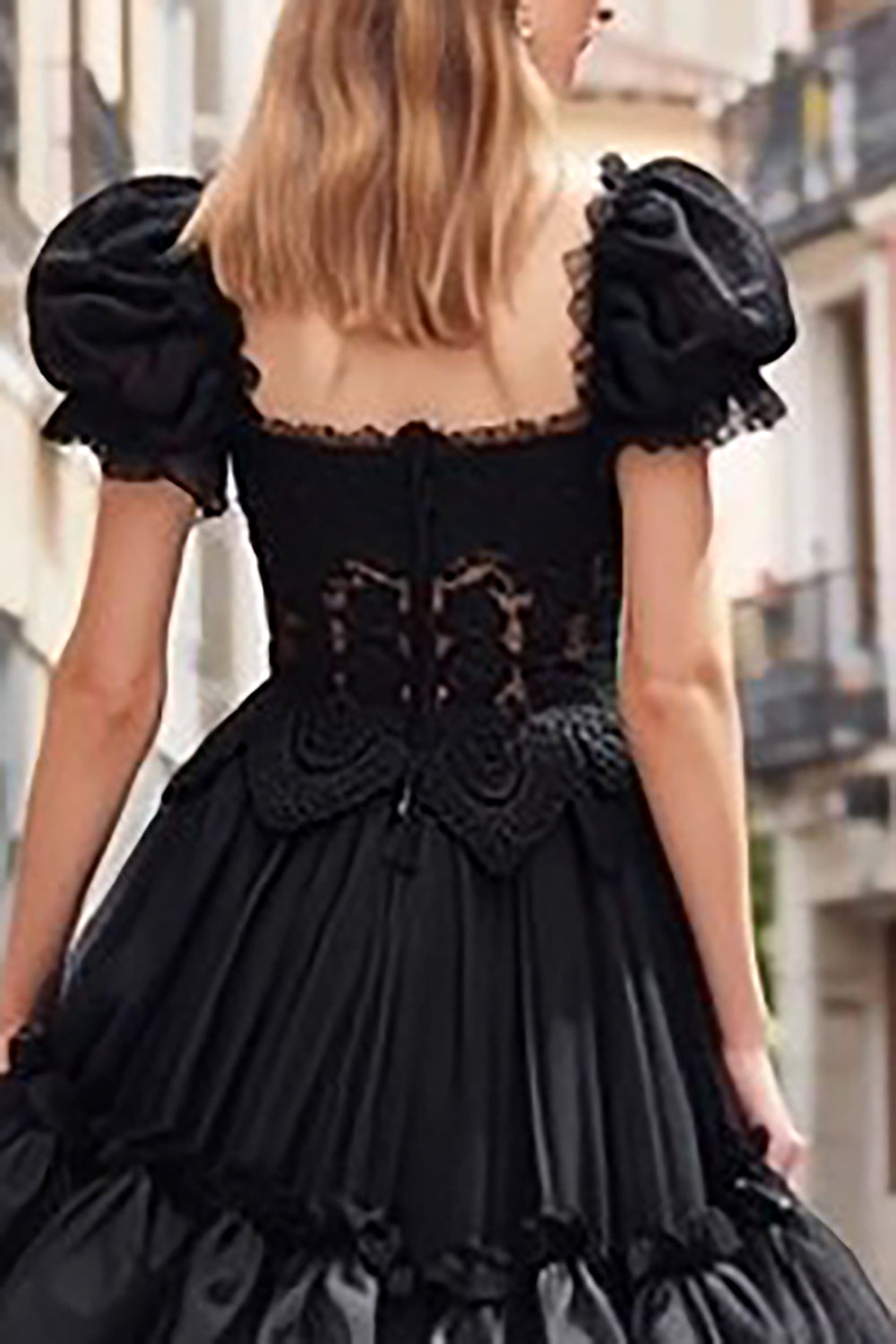 Black Tulle Ruffled A Line Long Prom Dress with Lace