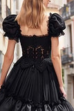 Black Tulle Ruffled A Line Long Prom Dress with Lace