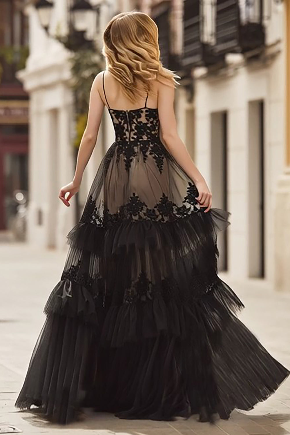 Black Lace Spaghetti Straps Corset Ruffled Long Prom Dress