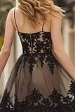 Black Lace Spaghetti Straps Corset Ruffled Long Prom Dress