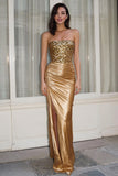 Sparkly Gold Mermaid Strapless Long Prom Dress with Slit