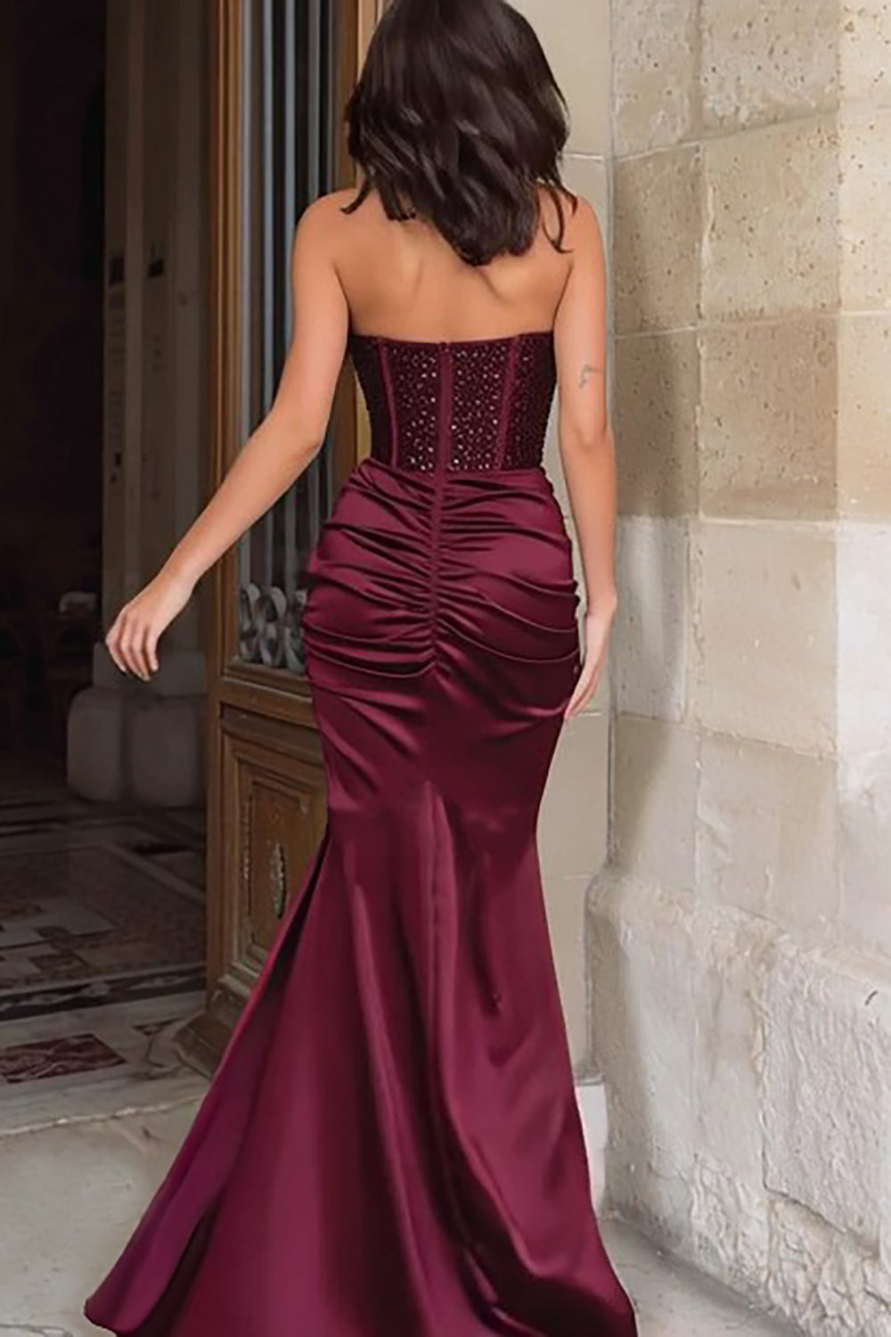 Sparkly Burgundy Satin Mermaid Strapless Long Prom Dress with Slit