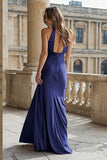 Navy Satin Mermaid Halter Long Prom Dress
