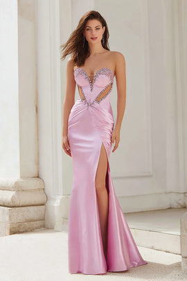 Sparkly Pink Satin Mermaid Strapless Cut Out Long Prom Dress with Slit