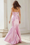 Sparkly Pink Satin Mermaid Strapless Cut Out Long Prom Dress with Slit