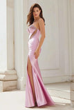 Sparkly Pink Satin Mermaid Strapless Cut Out Long Prom Dress with Slit