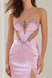 Sparkly Pink Satin Mermaid Strapless Cut Out Long Prom Dress with Slit