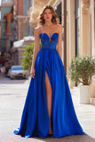 Sparkly Royal Blue Strapless A Line Long Prom Dress with Slit