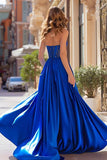Sparkly Royal Blue Strapless A Line Long Prom Dress with Slit