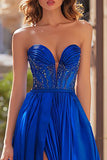 Sparkly Royal Blue Strapless A Line Long Prom Dress with Slit