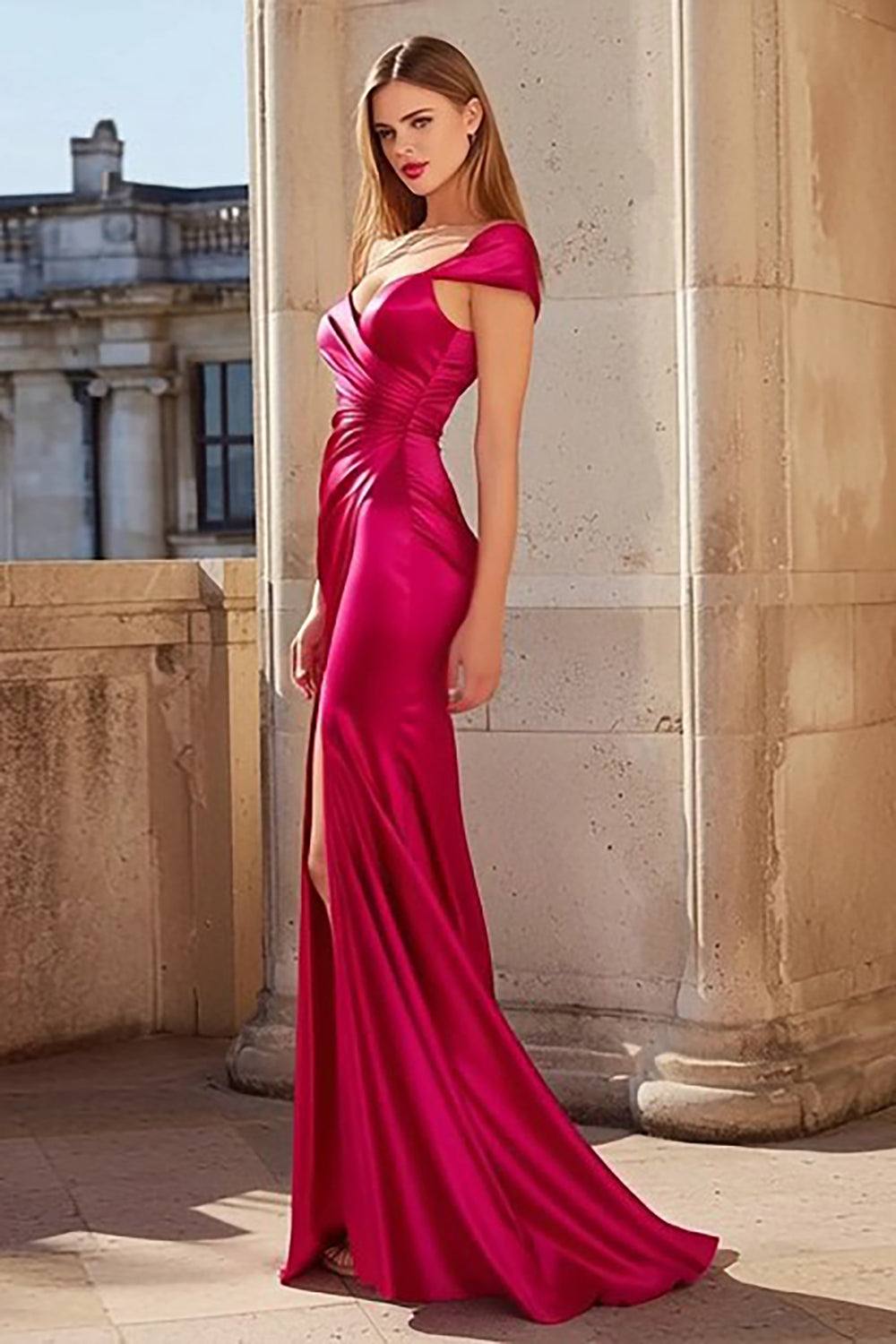 Fuchsia Satin Mermaid One Shoulder Long Prom Dress with Slit