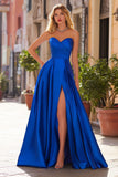 Royal Blue Satin Sweetheart A Line Long Prom Dress with Slit