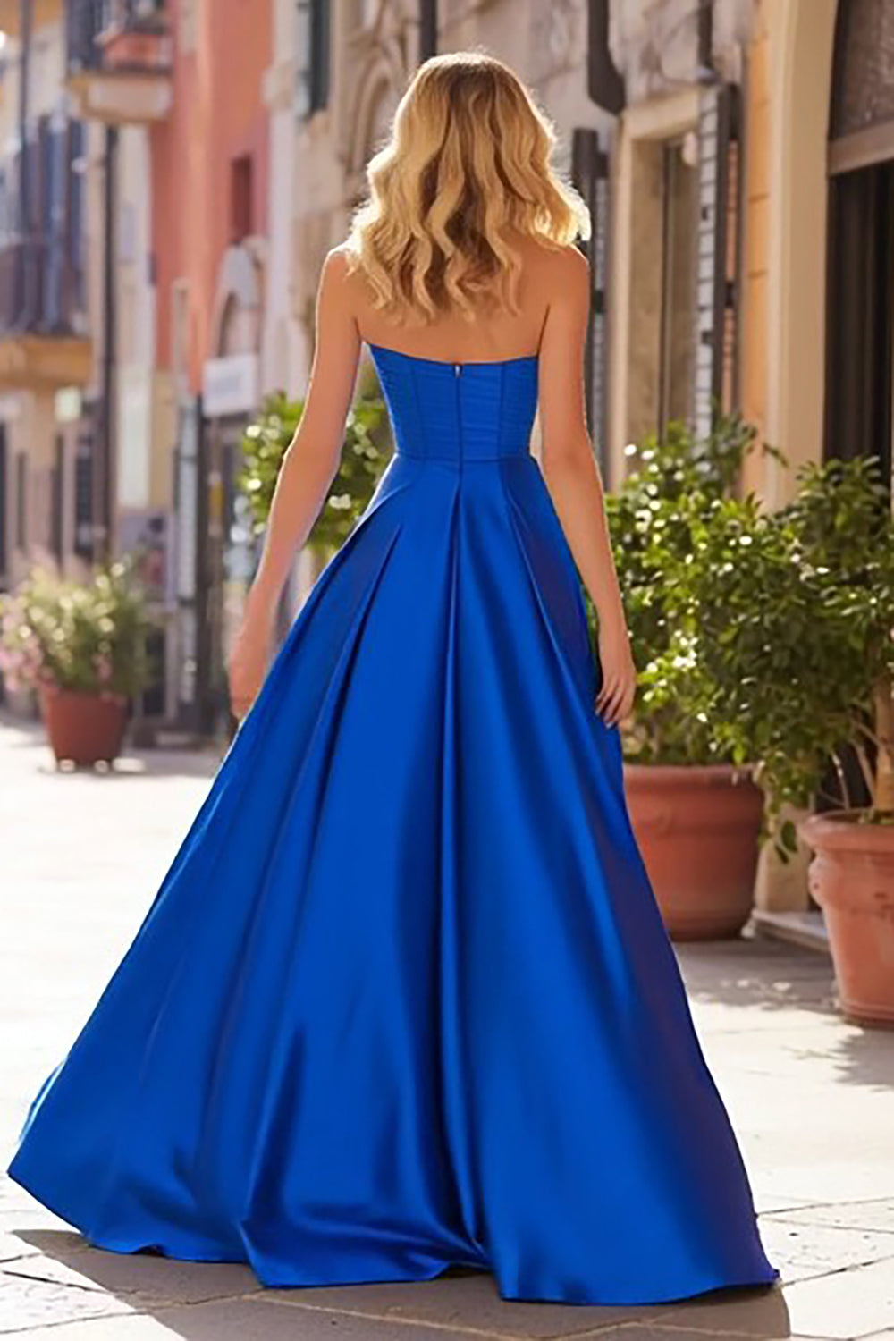 Royal Blue Satin Sweetheart A Line Long Prom Dress with Slit