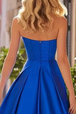 Royal Blue Satin Sweetheart A Line Long Prom Dress with Slit