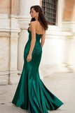Sparkly Dark Green Beaded Mermaid Corset Long Prom Dress with Slit
