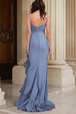 Dusty Blue Ruffled Mermaid Spaghetti Straps Long Prom Dress