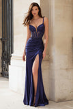 Sparkly Navy Mermaid Spaghetti Straps Corset Long Prom Dress with Slit